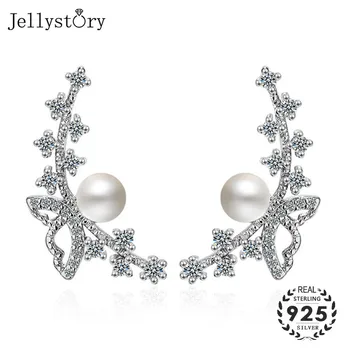 Jellystory módní 100% 925 sterling silver náušnice s přírodní sladkovodní pearl zirkonů luk-uzel náušnice pro ženy, svatební