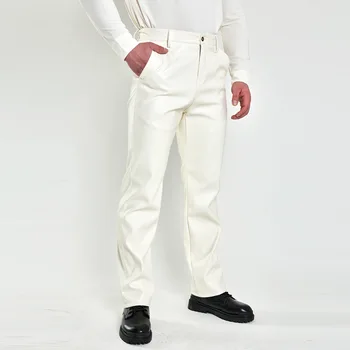 2023 Pánské Podzimní Americké Ležérní Kožené Kalhoty s Vysokým Pasem Rovné Větruodolný Vodotěsné Kamufláž Bílé PU Kožené Kalhoty