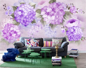 Beibehang 3d tapety obývací pokoj ložnice nástěnné malby pastorační ručně malované fialové hortenzie pohovka, TV stěna nástěnná papel de parede